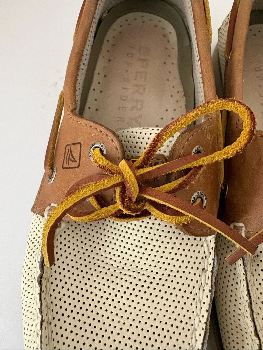 Sperry Two-Tone Boat shoes. Perforated cream and tan leather. 2 Eye. Size 8.5M